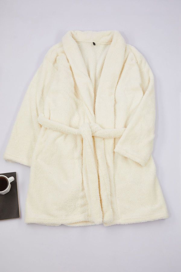 Trendyol Trendyol Curve Ecru Wellsoft/Plush Belted Short Dressing Gown