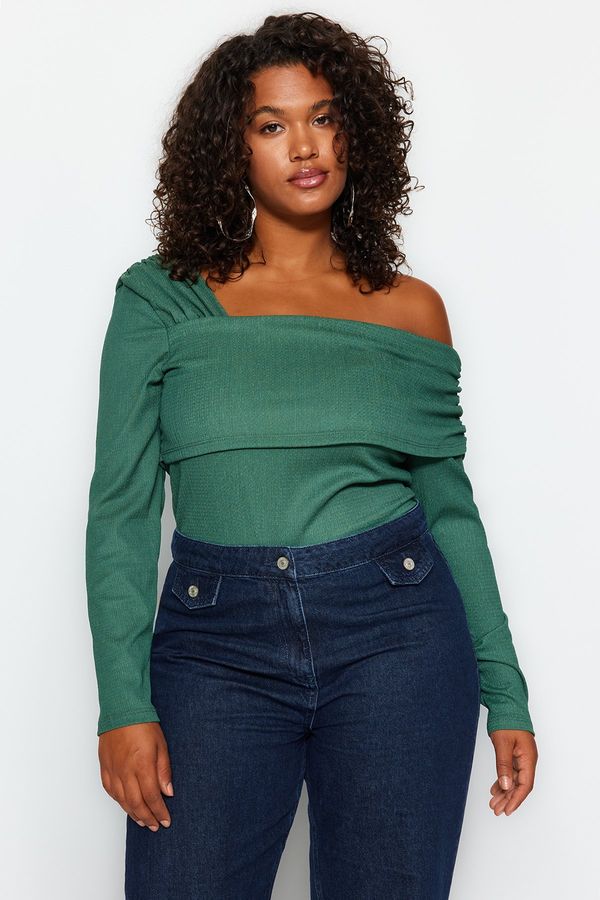 Trendyol Trendyol Curve Emerald Green Asymmetrical Collar Plain Basic Wrap Knitted Blouse