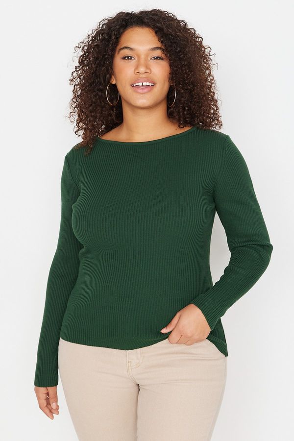 Trendyol Trendyol Curve Emerald Green Back V-Neck Chain Detailed Thin Knitwear Sweater