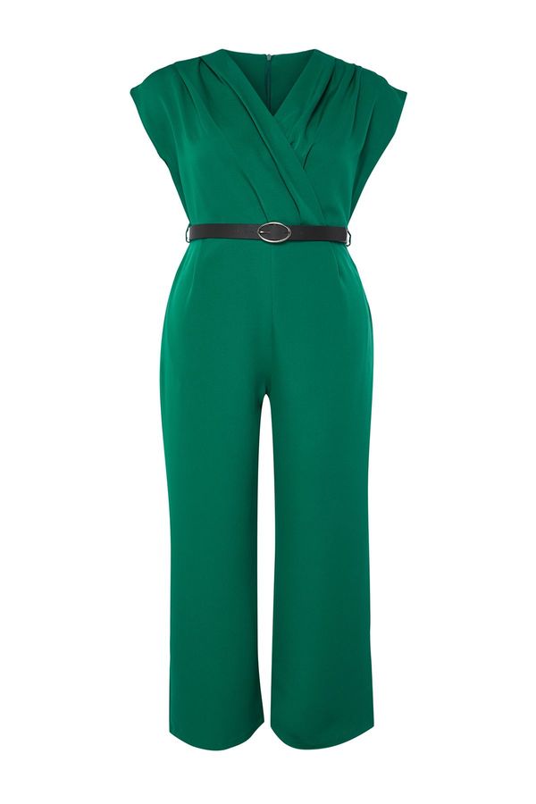 Trendyol Trendyol Curve Emerald Green Belted Double Breasted Collar Maxi Plus Size Woven Jumpsuit