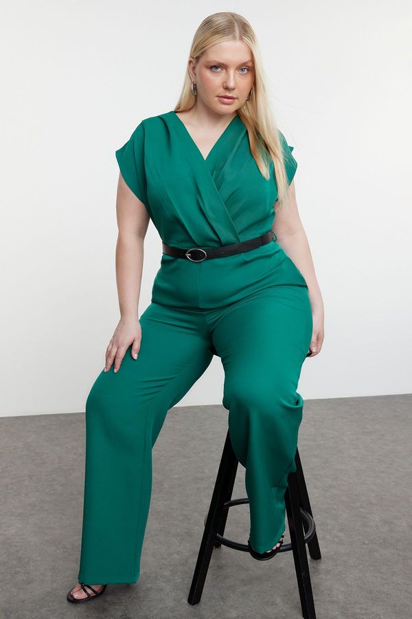 Trendyol Trendyol Curve Emerald Green Belted Double Breasted Collar Plus Size Woven Jumpsuit