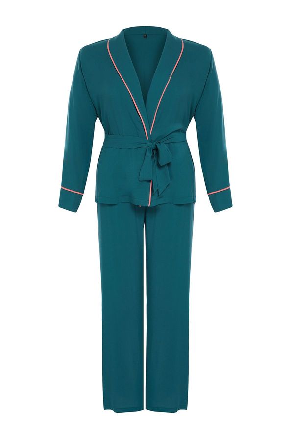 Trendyol Trendyol Curve Emerald Green Piping Detailed Double Breasted Viscose Woven Pajama Set