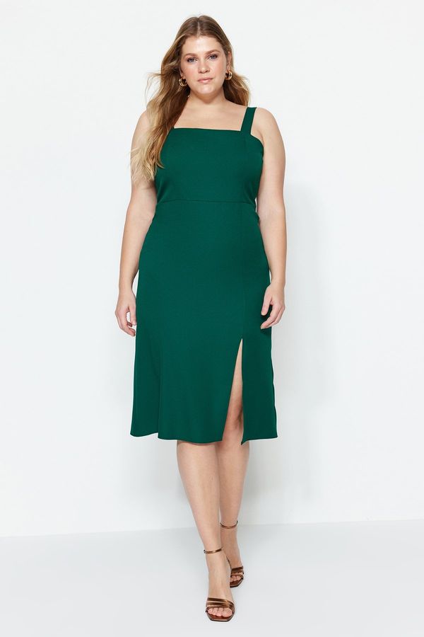 Trendyol Trendyol Curve Emerald Green Square Neck Thick Strap Summer Woven Slit Midi/Mid Length Dress