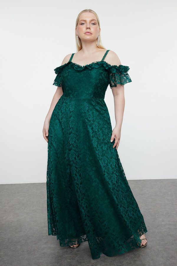 Trendyol Trendyol Curve Emerald Green Straped A-Line/A-Line Lace Long Evening Dress/Graduation/Engagement/Evening Dress