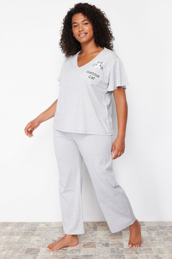 Trendyol Trendyol Curve Gray Cat Printed Knitted Pajamas Set