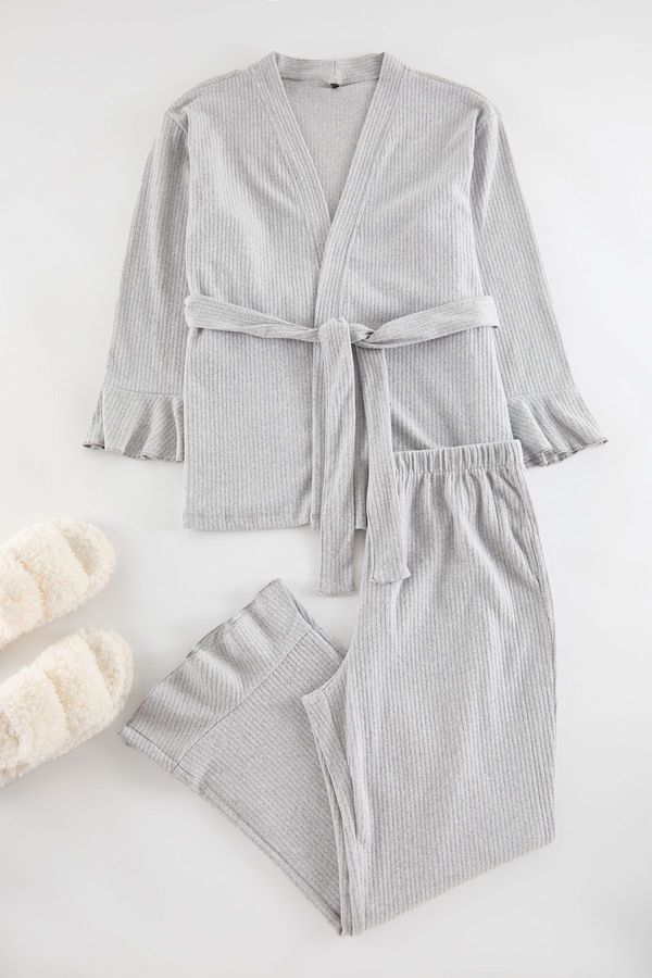 Trendyol Trendyol Curve Gray Corded Soft Belted Knitted Pajama Set