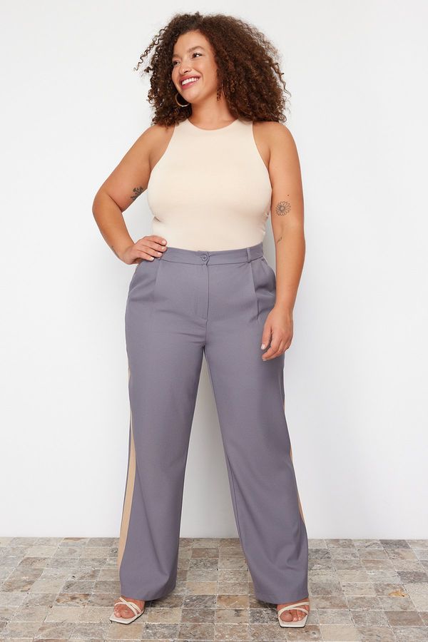 Trendyol Trendyol Curve Gray High Waist Side Stitched Wide Leg Woven Trousers