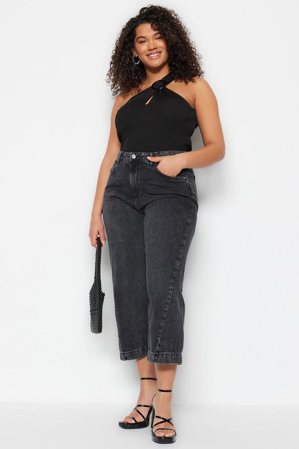 Trendyol Trendyol Curve Gray High Waist Stitching Detail Culotte Fit Jeans