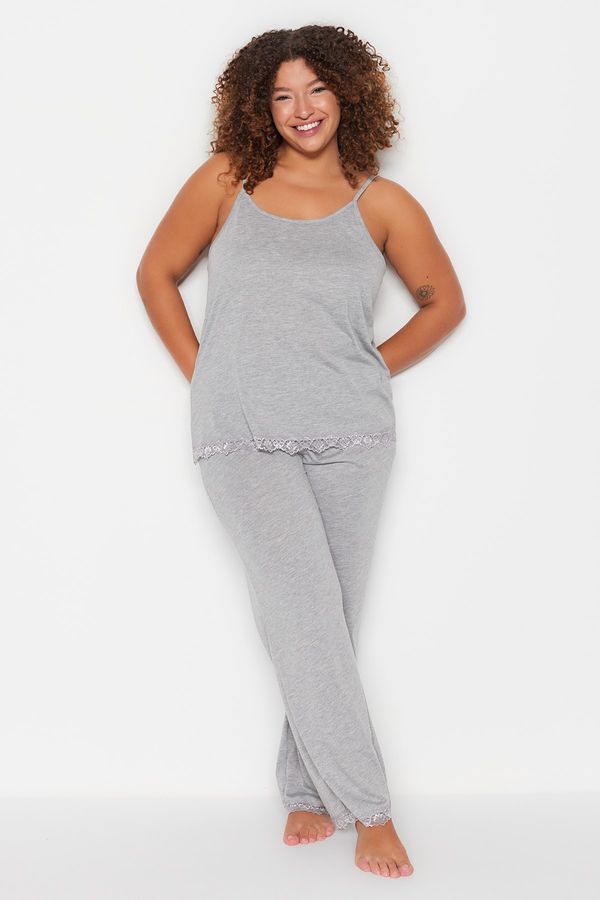 Trendyol Trendyol Curve Gray Knitted Lace Detailed Pajamas Set