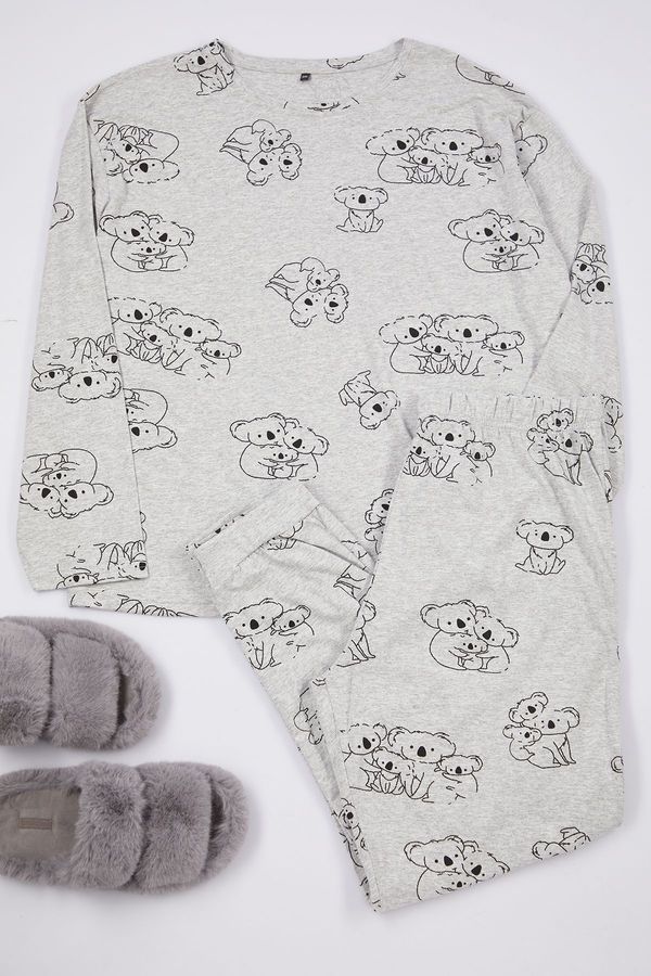 Trendyol Trendyol Curve Gray Melange Koala Patterned Knitted Pajama Set