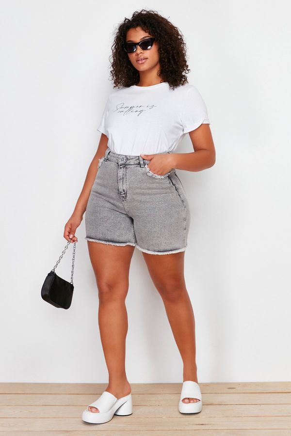 Trendyol Trendyol Curve Gray Pocket and Tassel Detailed Mini Denim Shorts