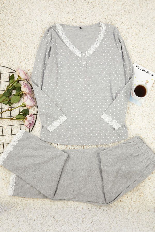 Trendyol Trendyol Curve Gray Polka Dot Collar Lace Detailed Knitted Pajama Set