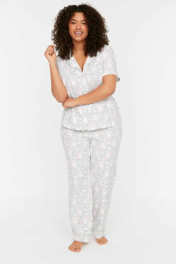 Trendyol Trendyol Curve Gray Printed Knitted Buttons Pajamas Set