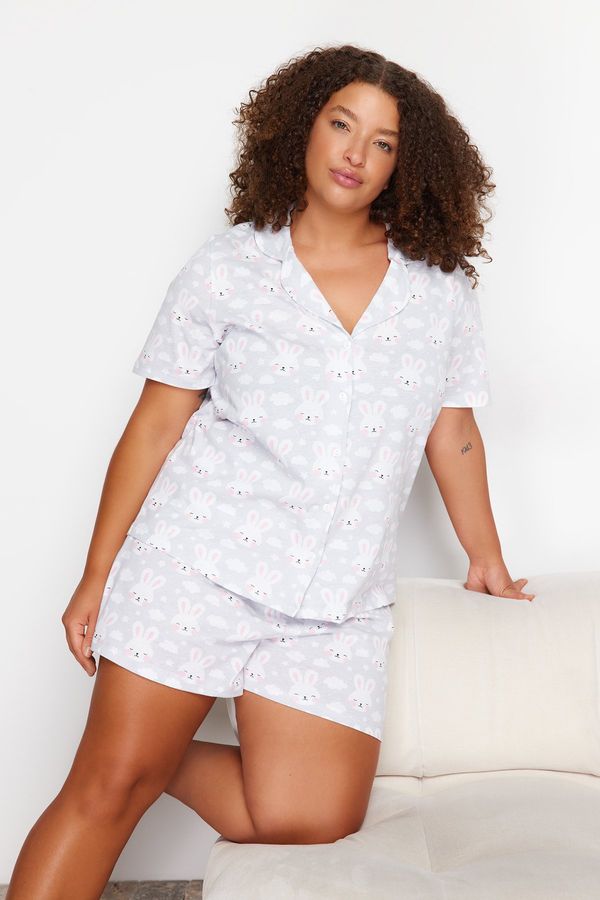 Trendyol Trendyol Curve Gray Rabbit Printed Shirt Collar Knitted Pajama Set