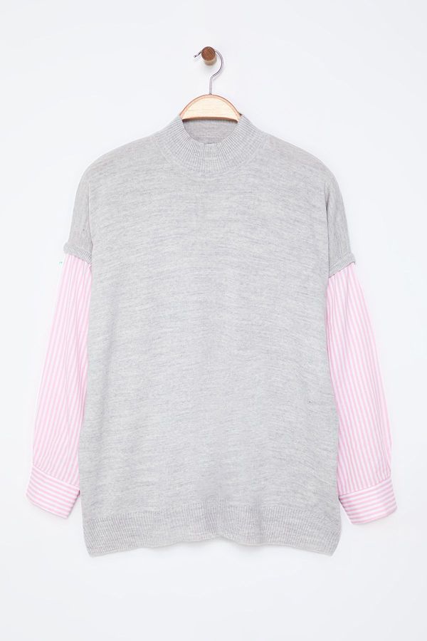 Trendyol Trendyol Curve Gray Sleeves Pink Striped Woven Mixed Knitwear Sweater