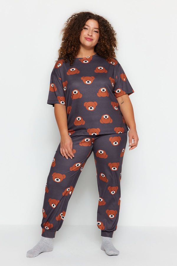 Trendyol Trendyol Curve Gray Teddy Bear Pattern Knitted Pajamas Set