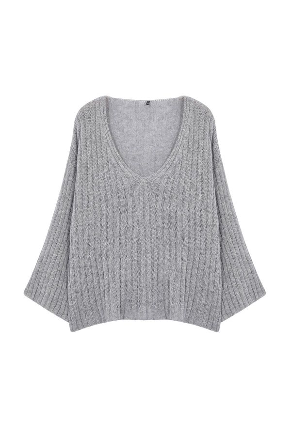 Trendyol Trendyol Curve Gray V-Neck Ribbed Knitwear Sweater