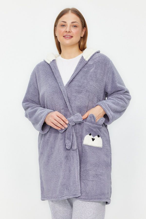 Trendyol Trendyol Curve Gray Wellsoft/Plush Animal Figured Pocket Hooded Knitted Dressing Gown