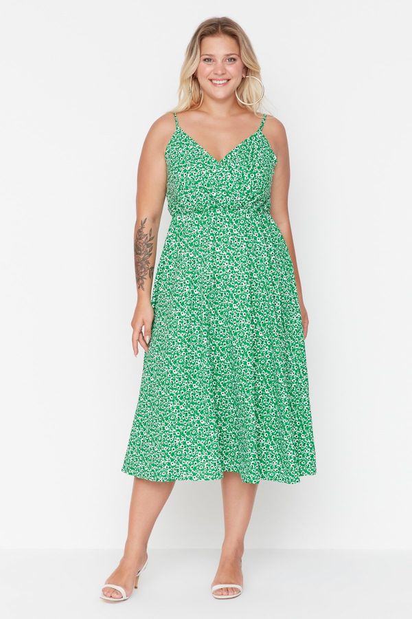 Trendyol Trendyol Curve Green A-line Double Breasted Neck Floral Pattern Knitted Dress