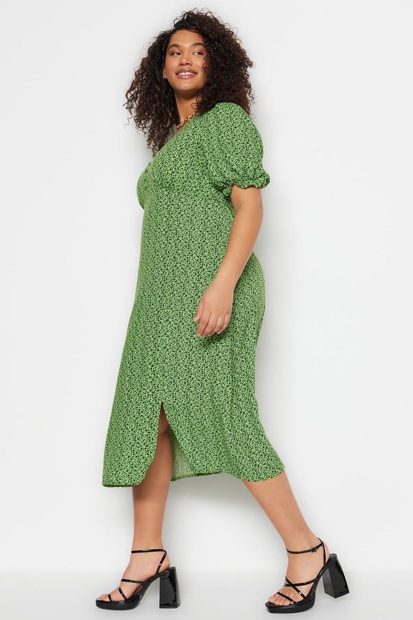 Trendyol Trendyol Curve Green Animal Pattern Weave Slit Dress