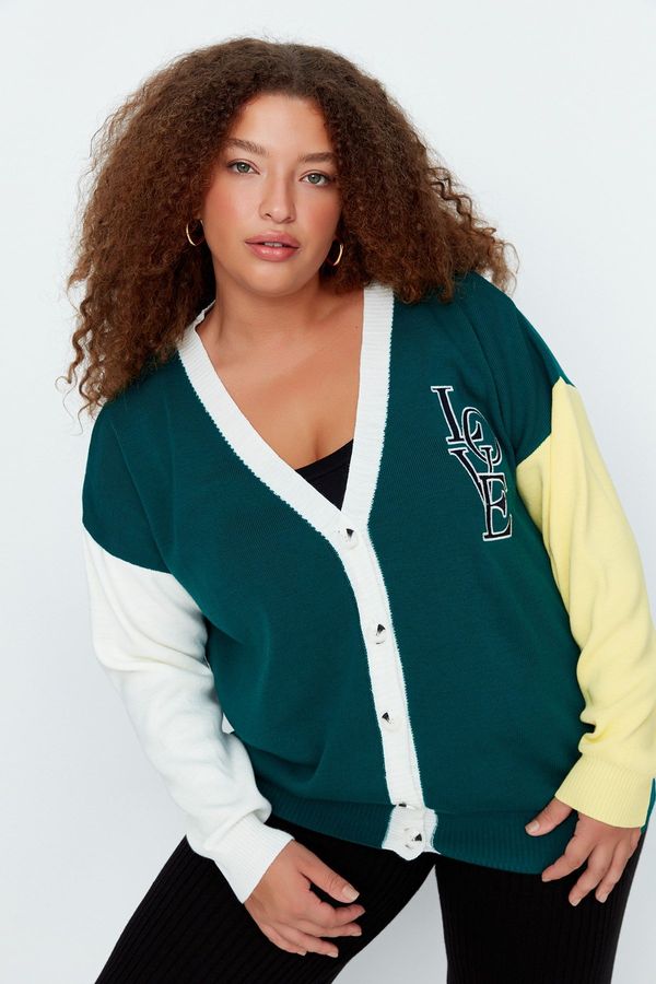 Trendyol Trendyol Curve Green Color Block Embroidery Detailed Knitwear Cardigan