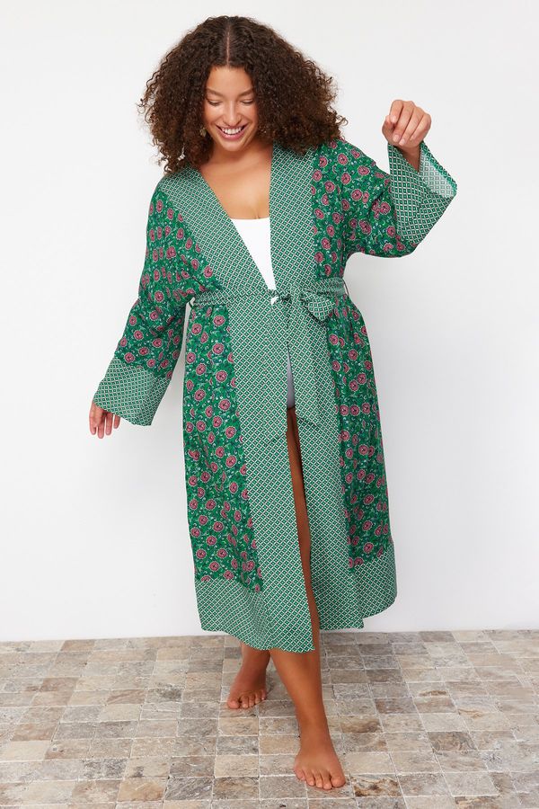 Trendyol Trendyol Curve Green Ethnic Patterned Belted Maxi Length Beach WearWoven Kimono & Kaftan