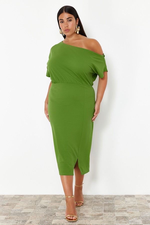 Trendyol Trendyol Curve Green One Shoulder Midi Knitted Dress
