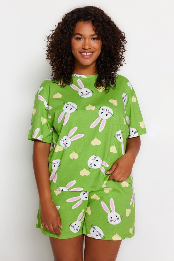 Trendyol Trendyol Curve Green Rabbit Printed Cotton Knitted Pajamas Set