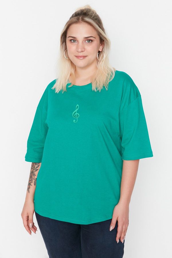 Trendyol Trendyol Curve Green Wide Fit Embroidered Knitted T-Shirt