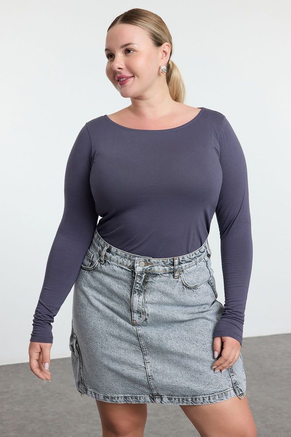 Trendyol Trendyol Curve Grey 100% Cotton Fitted Long Sleeve Plus Size T-shirt