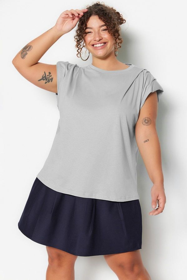 Trendyol Trendyol Curve Grey Crew Neck Basic 100% Cotton Knitted Plus Size Blouse