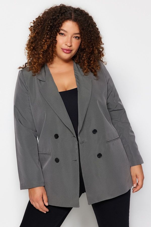 Trendyol Trendyol Curve Grey Double Breasted Lined Plus Size Blazer Jacket