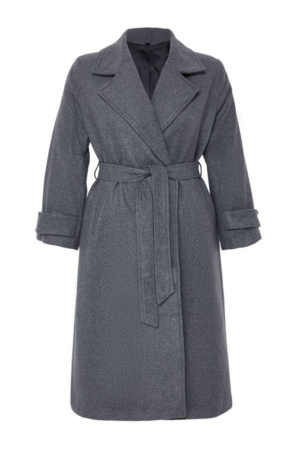 Trendyol Trendyol Curve Grey Regular Fit Wide Collar Detailed Long Wool Blend Cashmere Coat