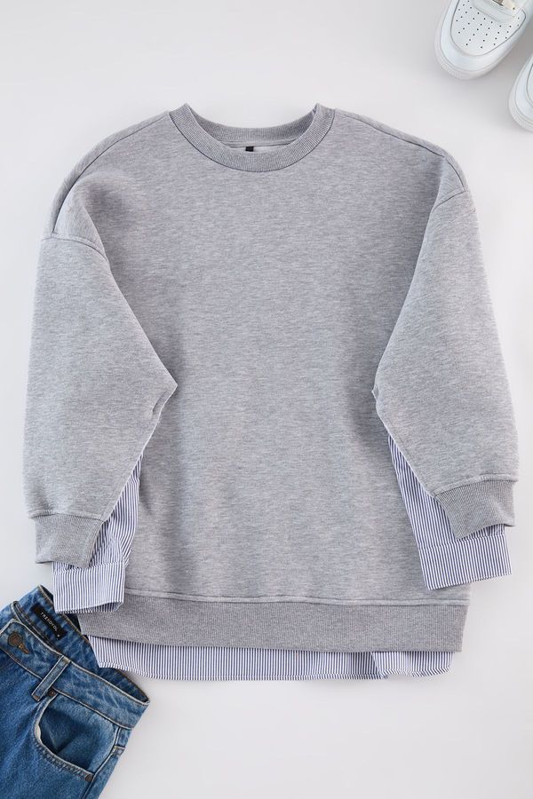 Trendyol Trendyol Curve Grey Shirt Bottom Removable Fleece Inside Large Size Knitted Sweatshirt