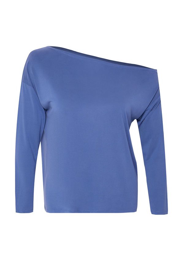 Trendyol Trendyol Curve Indigo 100% Modal Fabric Boat Neck Relaxed/Comfortable Cut Knitted Blouse