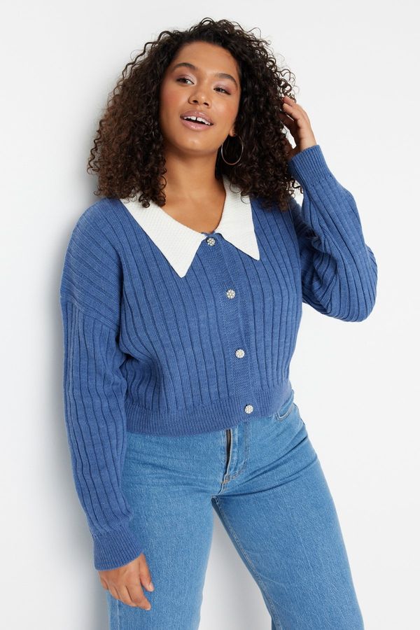 Trendyol Trendyol Curve Indigo Ribbed Collar Detailed Buttoned Knitwear Cardigan