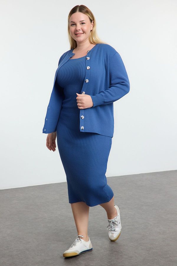 Trendyol Trendyol Curve Indigo Ribbed Midi Length 2-Piece Cardigan & Dress Knitwear Set
