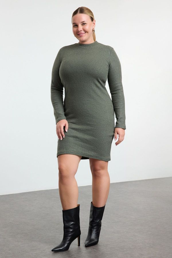 Trendyol Trendyol Curve Khaki Fitted Winter Knitted Plus Size Dress