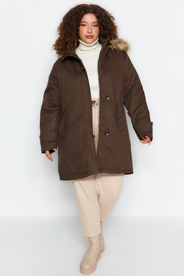 Trendyol Trendyol Curve Khaki Furry Hooded Coat