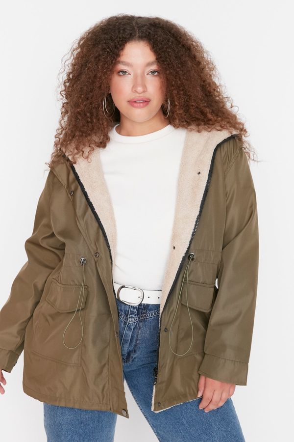 Trendyol Trendyol Curve Khaki Hooded Snap Detailed Pocket Inside Plush Coat