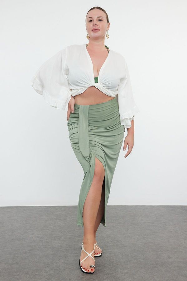 Trendyol Trendyol Curve Khaki Maxi Length Sandy Slit Detailed Beach Wear Knitted Skirt