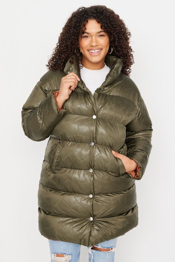 Trendyol Trendyol Curve Khaki Stand Up Collar Printed Inflatable Coat