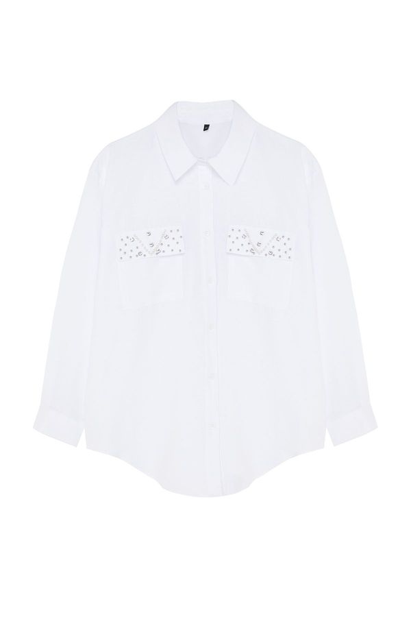 Trendyol Trendyol Curve Large Size Stone Embroidered Poplin Woven Shirt with Pockets