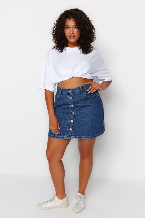 Trendyol Trendyol Curve Light Blue High Waist Buttoned Denim Skirt