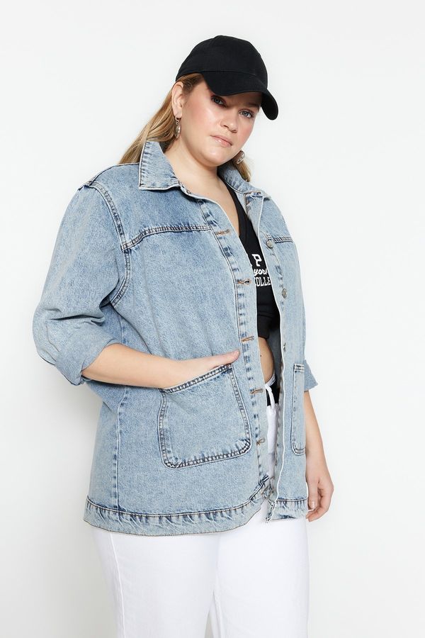 Trendyol Trendyol Curve Light Blue Pocket Boyfriend Denim Jacket