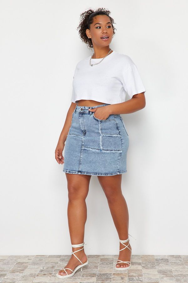 Trendyol Trendyol Curve Light Blue Stitch And Tassel Detail Mini Denim Skirt