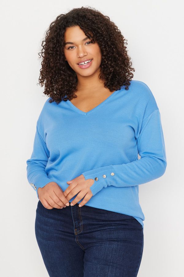 Trendyol Trendyol Curve Light Blue V-Neck Button Detailed Knitwear Sweater