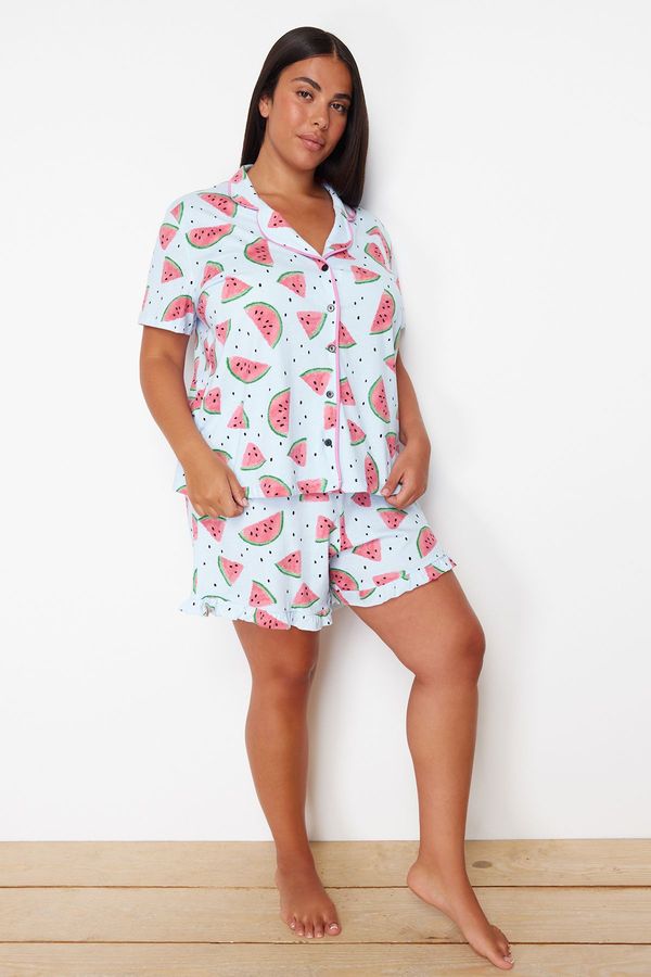 Trendyol Trendyol Curve Light Blue Watermelon Patterned Shirt Collar Knitted Pajama Set