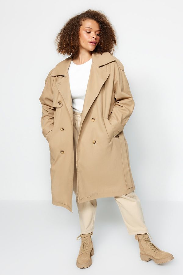 Trendyol Trendyol Curve Light Khaki Waist Belted Gabardine Seasonal Trench Coat