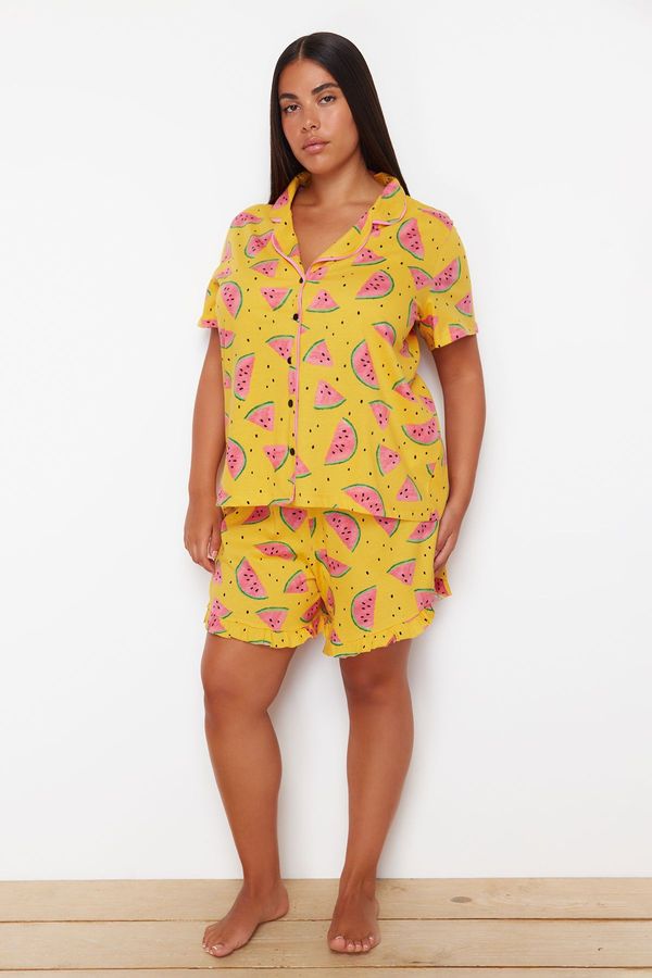 Trendyol Trendyol Curve Light Orange Watermelon Patterned Shirt Collar Knitted Pajama Set